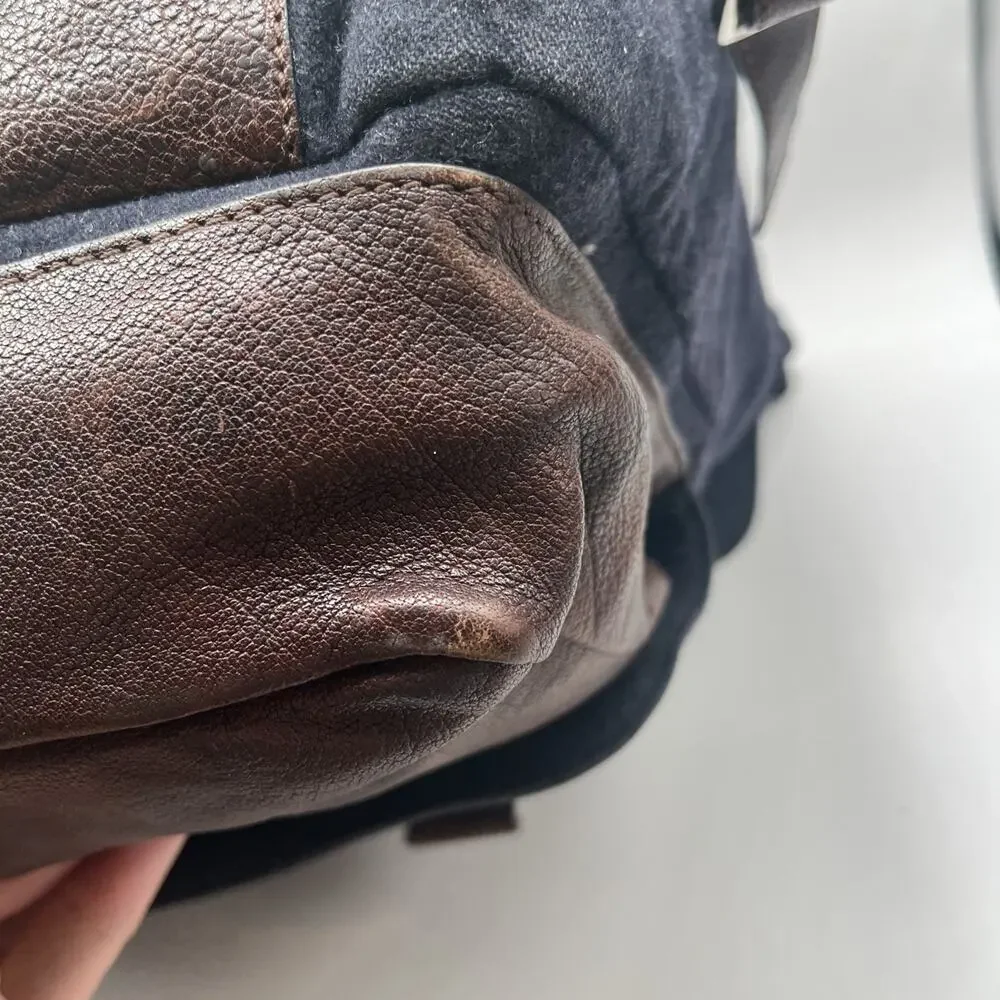 Brunello Cucinelli travel backpack Brown Leather Blue Wool Vintage Italy Rare